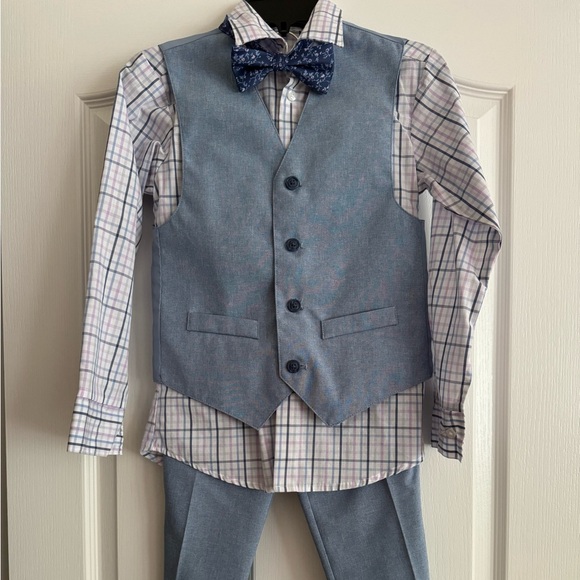 Other - Kids Boys Size 8 Blue 4 Piece Suit Set: Vest, Plaid Dress Shirt Pants & Bow tie